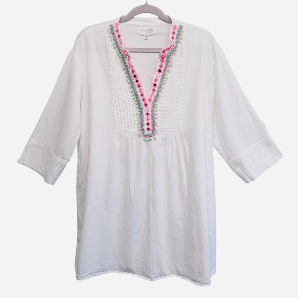 NVELOP cotton embroidered Pom Pom detail tunic dress cover up, size Large